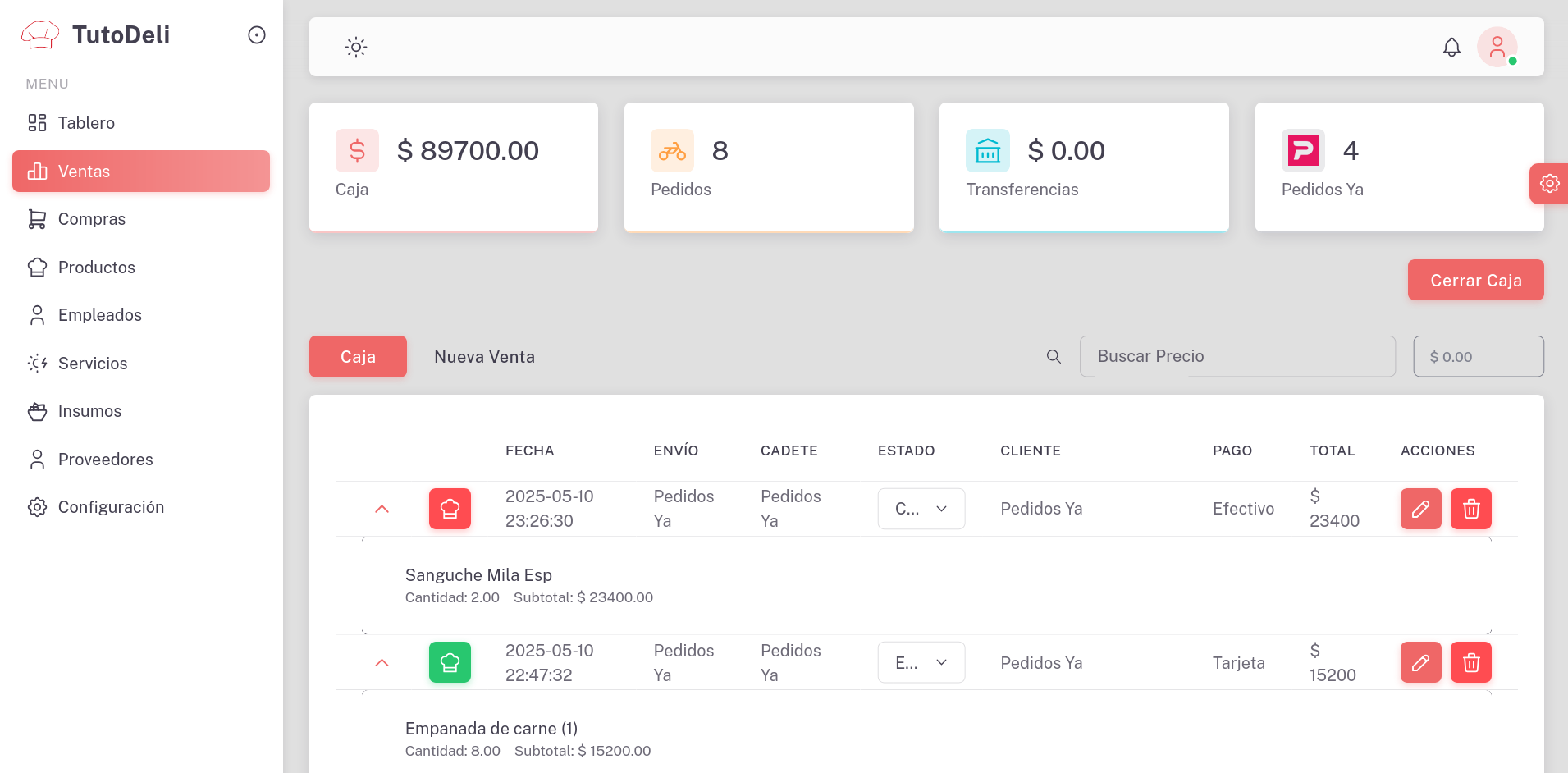Pantalla de ventas de TutoDeli - gestión de pedidos y caja